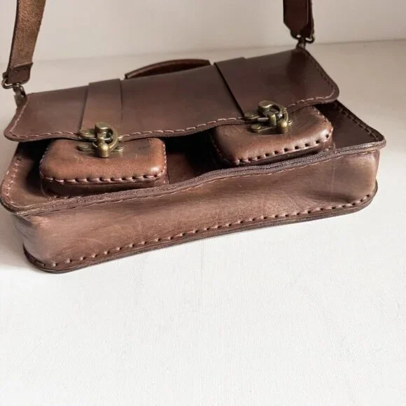 Vintage Brown Leather Book Bag w Crossbody Strap - Picture 5 of 10